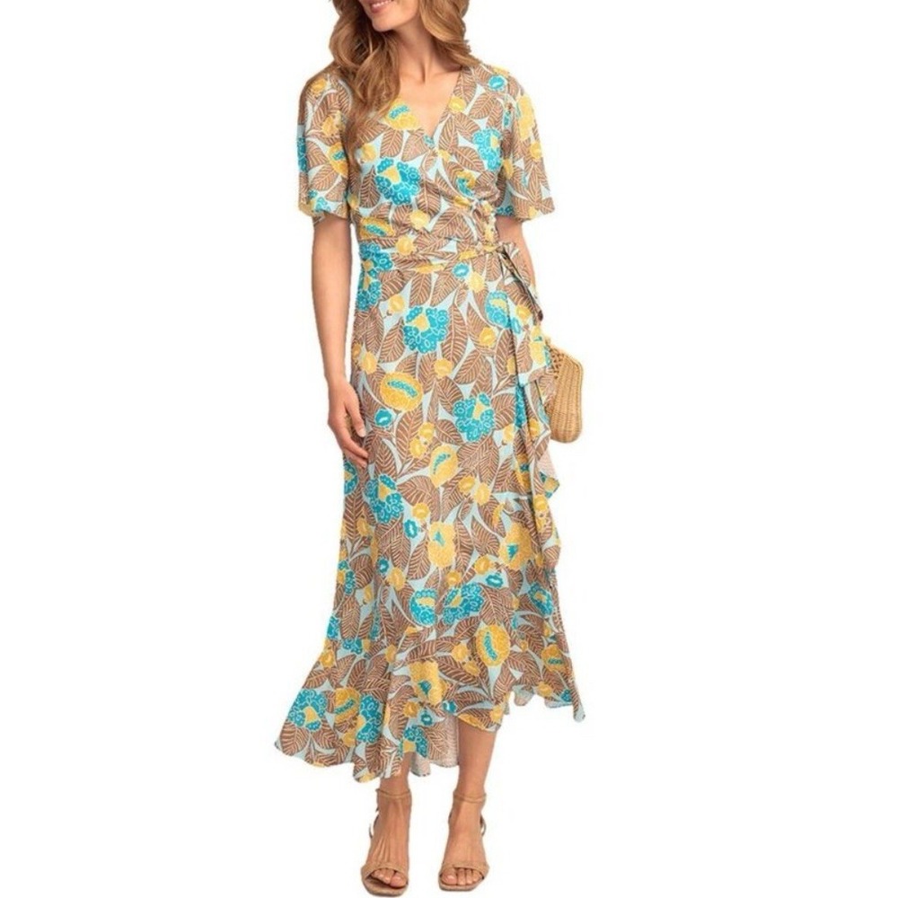 J McLaughlin Floral Leaf Print Audette Wrap Midi Dress Blue Tan Ruffle Sz Medium